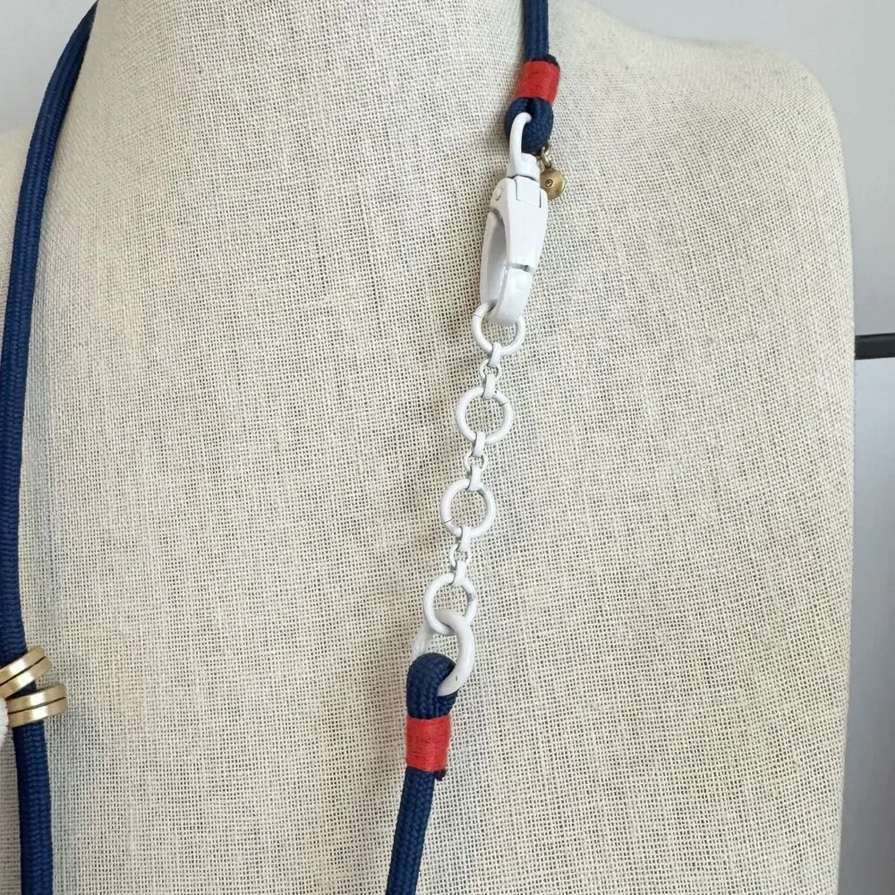 J Crew Nautical boho Rope Ball Wooden Bead Long Necklace Blue Orange Gold 30